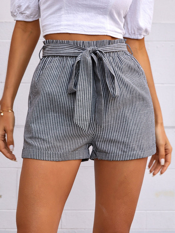 Striped Print Belted Straight Leg Shorts