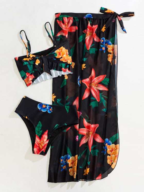 Tropical Knot Ruffle Hem Bikini Swimsuit With Beach Skirt