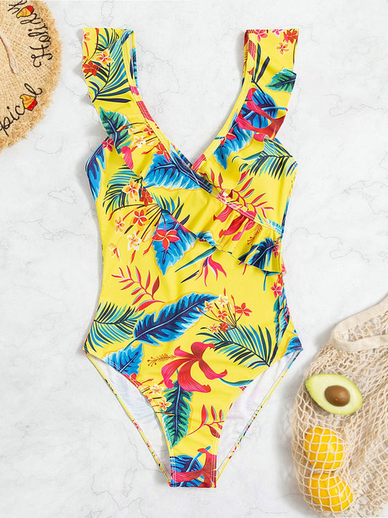 Tropical Print Ruffle Trim One Piece Swimsuit