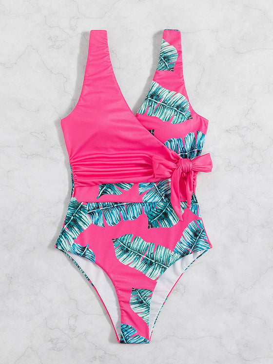 Plant Print Knot Side One Piece Swimsuit