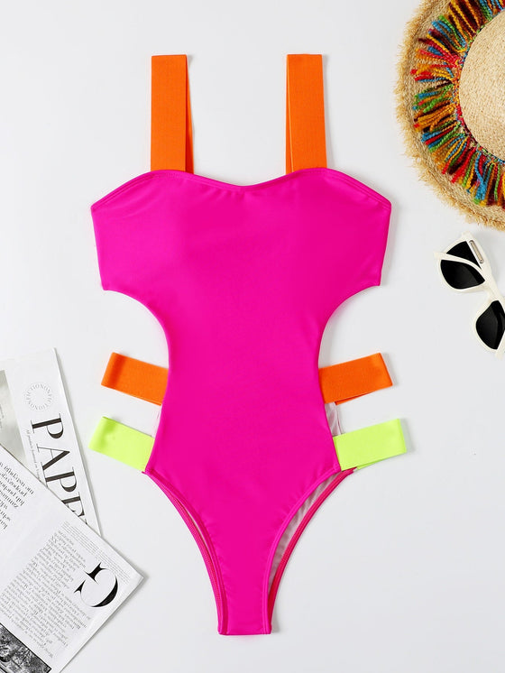 Color Block Cut Out One Piece Swimsuit