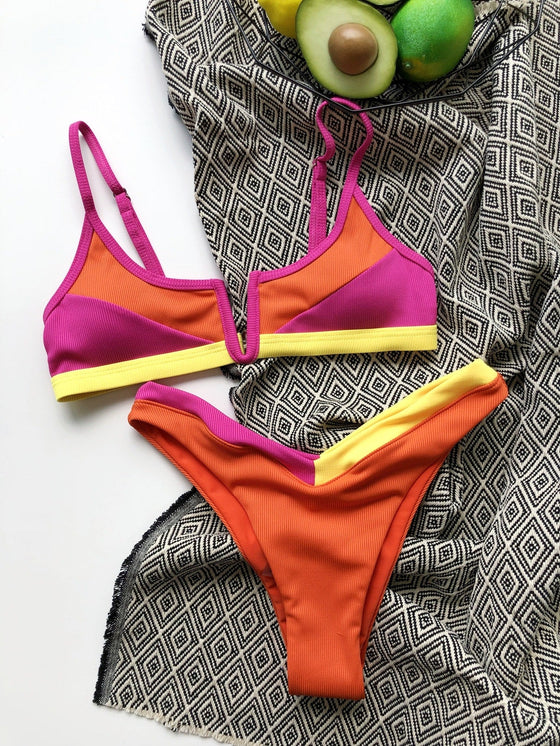 Colorblock Rib V Wired Bikini Swimsuit