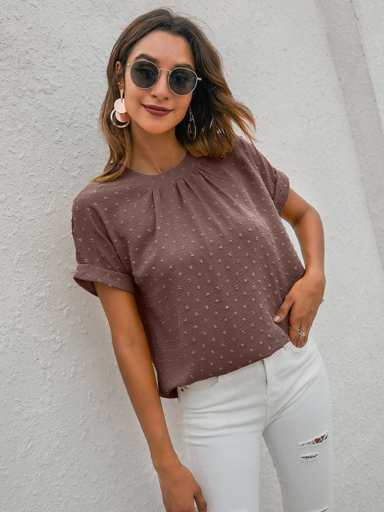 Solid Swiss Dot Keyhole Back Batwing Sleeve Blouse