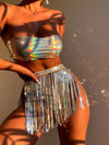 3pack Holographic Bandeau Bikini Swimsuit Sequin Fringe Beach Skirt