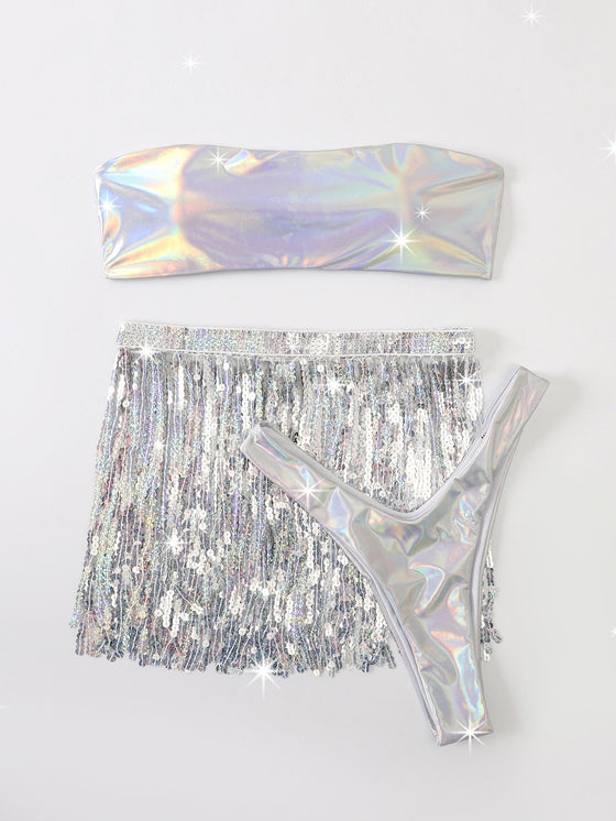 3pack Holographic Bandeau Bikini Swimsuit Sequin Fringe Beach Skirt