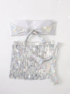 3pack Holographic Bandeau Bikini Swimsuit Sequin Fringe Beach Skirt