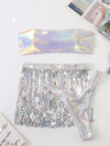 3pack Holographic Bandeau Bikini Swimsuit Sequin Fringe Beach Skirt