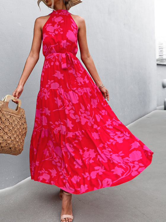 Floral Print Ruffle Hem Belted Halter Dress