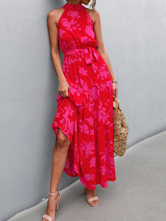 Floral Print Ruffle Hem Belted Halter Dress