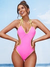 Contrast Binding Backless Halter One Piece Swimsuit