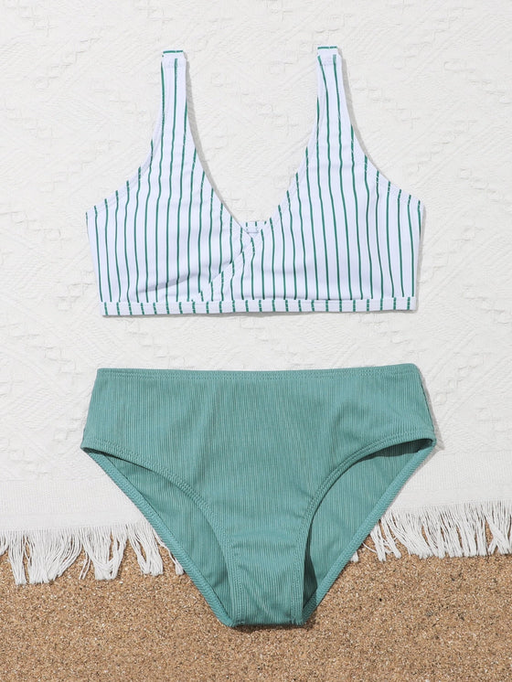 Girls Striped Rib Bikini Swimsuit