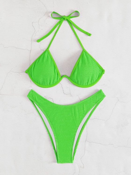 Textured Underwire Halter Bikini Swimsuit