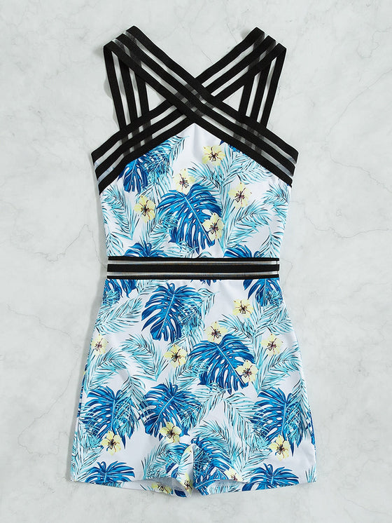 Floral Tropical Print Contrast Mesh One Piece Swimsuit