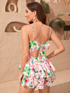 Flamingo Tropical Print Tie Backless Layered Hem Jumpsuit