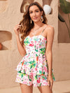 Flamingo Tropical Print Tie Backless Layered Hem Jumpsuit