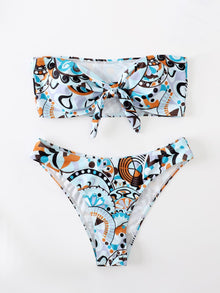  Allover Print Knot Front Bandeau Bikini Swimsuit