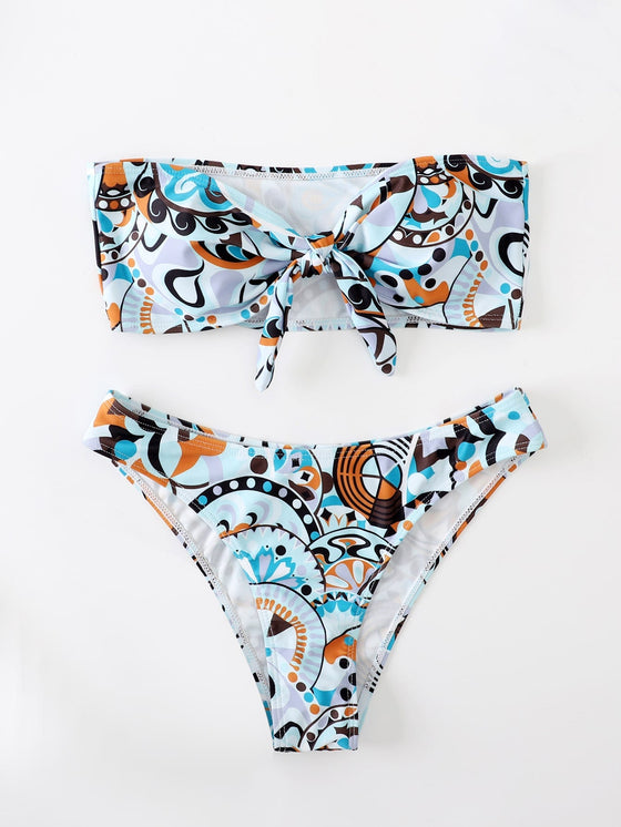 Allover Print Knot Front Bandeau Bikini Swimsuit