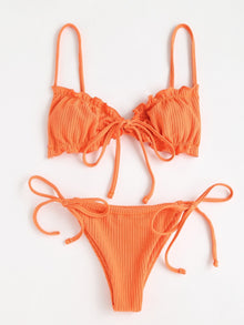  Tie Front Lettuce Trim Bikini Swimsuit