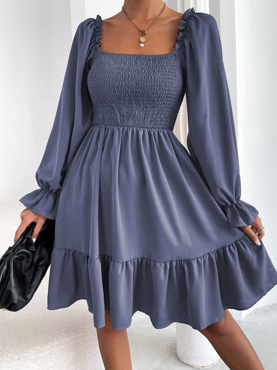 Square Neck Shirred Bodice Flounce Sleeve Ruffle Hem Dress