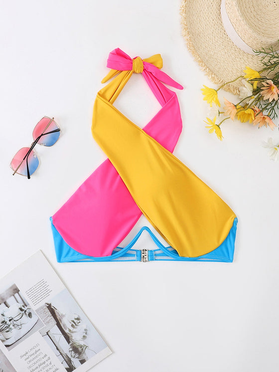 Color Block Push Up Halter Bikini Top