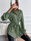 Solid Button Front Belted Shirt