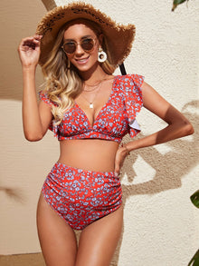  Maternity Ditsy Floral Print Ruffle Sleeve Bikini Swimsuit