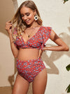 Maternity Ditsy Floral Print Ruffle Sleeve Bikini Swimsuit