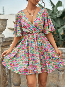  Frenchy Allover Floral Surplice Neck A line Dress