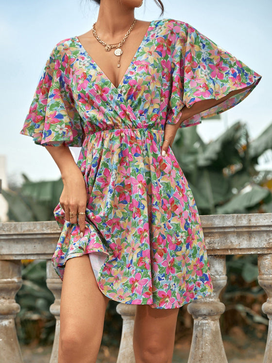 Frenchy Allover Floral Surplice Neck A line Dress