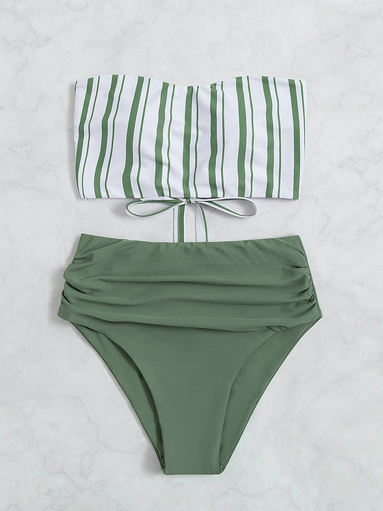 Striped Ruched Bandeau High Waisted Bikini Swimsuit