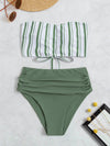 Striped Ruched Bandeau High Waisted Bikini Swimsuit