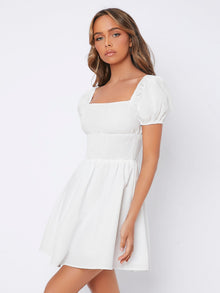  PETITE Puff Sleeve Shirred Waist Square Neck Dress