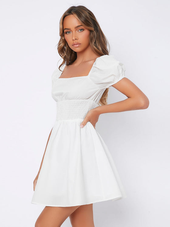 PETITE Puff Sleeve Shirred Waist Square Neck Dress