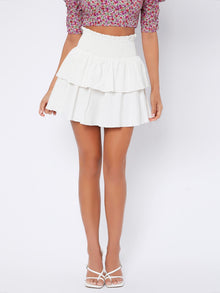  PETITE Solid Shirred Frill Trim Flared Skirt