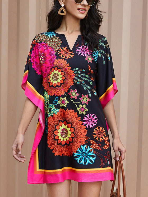 Mandala Print Notch Neck Tunic Dress