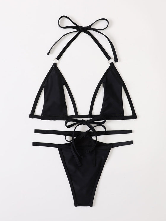 Plain Cut Out Micro Triangle Bikini Swimsuit