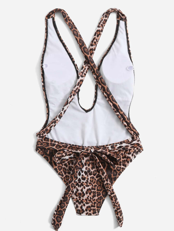 Leopard Criss Cross Plunging One Piece Swimsuit