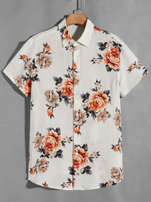  Men Drop Shoulder Floral Print Shirt