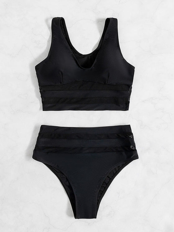 Solid Contrast Mesh Bikini Swimsuit