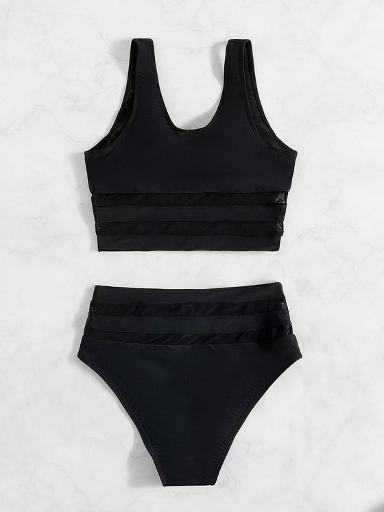 Solid Contrast Mesh Bikini Swimsuit