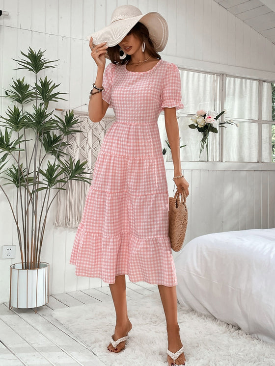 Gingham Puff Sleeve Ruffle Hem Smock Dress