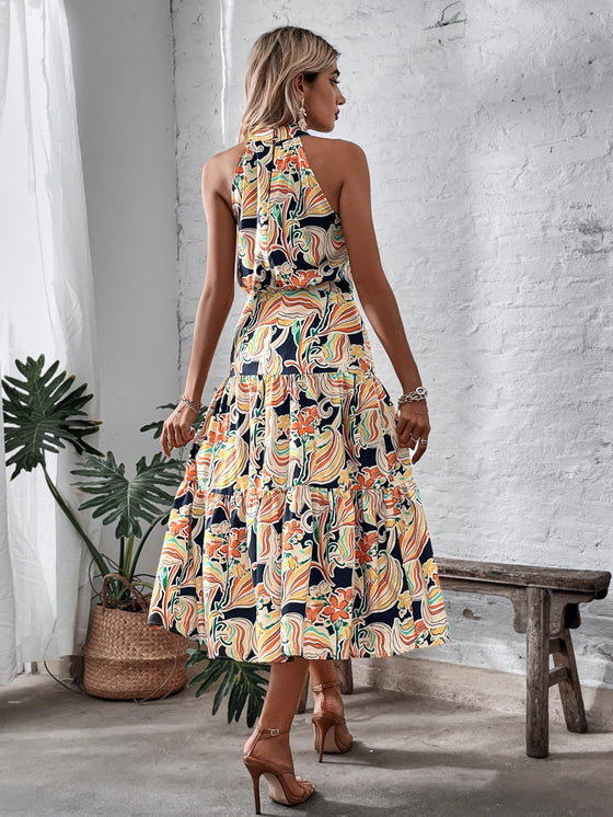 Floral Print Ruffle Hem Halter Dress