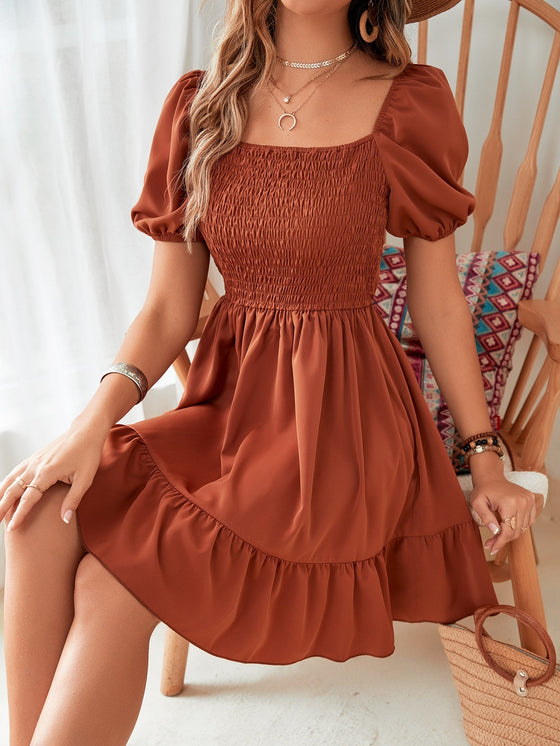 Square Neck Shirred Ruffle Hem Dress