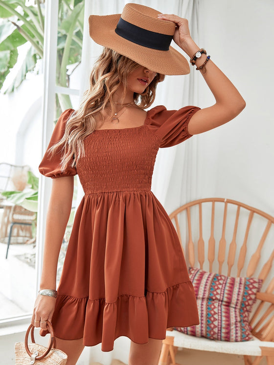 Square Neck Shirred Ruffle Hem Dress