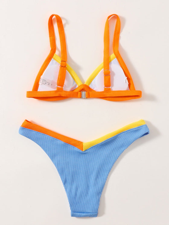 Rib Contrast Binding Triangle Bikini Swimsuit