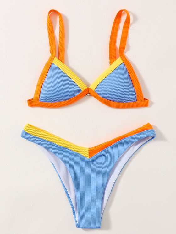 Rib Contrast Binding Triangle Bikini Swimsuit