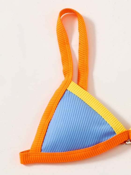 Rib Contrast Binding Triangle Bikini Swimsuit