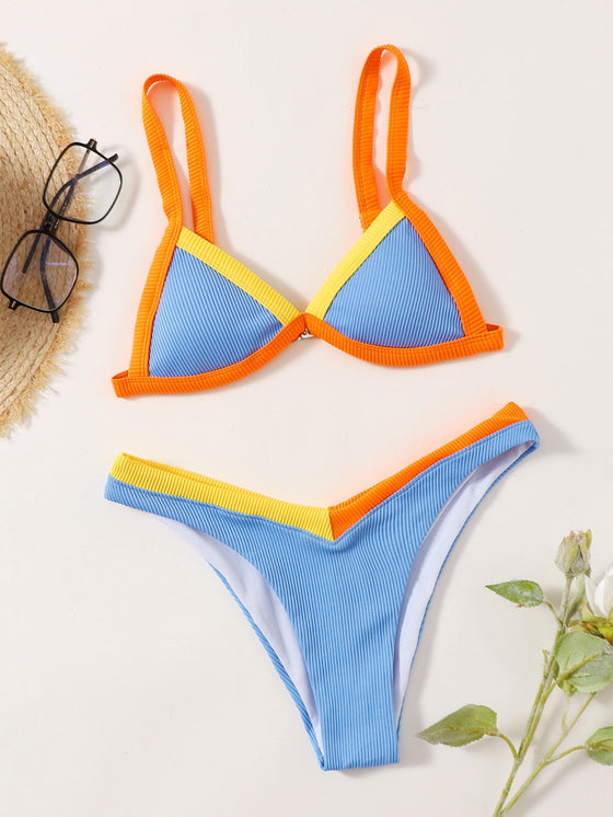 Rib Contrast Binding Triangle Bikini Swimsuit