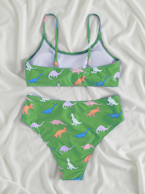 Dinosaur Random Print High Waisted Bikini Swimsuit