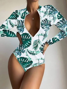  Tropical Print Zip Front One Piece Swimsuit